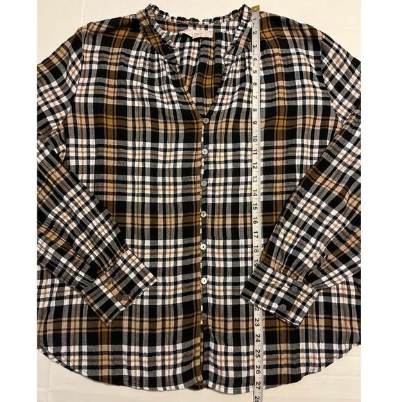Loft Plaid Button Down Blouse Womens Size XL Black Gold Ruffle Work Casual - Picture 9 of 13
